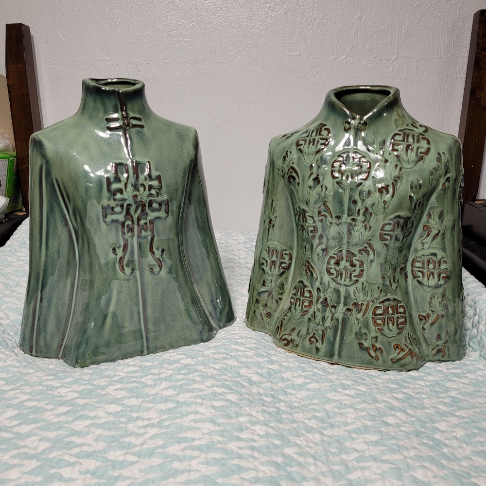 2 Vintage Asian Chinese Green & Gold Embossed Glazed Ceramic Jacket Vases